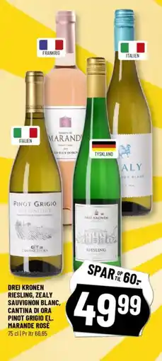 Løvbjerg DREI KRONEN RIESLING, ZEALY SAUVIGNON BLANC, CANTINA DI ORA PINOT GRIGIO EL. MARANDE ROSÉ tilbud