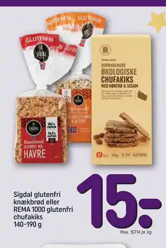 REMA 1000 Sigdal glutenfri knækbrød eller REMA 1000 glutenfri chufakiks tilbud