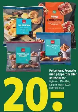 Coop 365 Pølsehorn, Focaccia med pepperoni eller ostesnacks tilbud