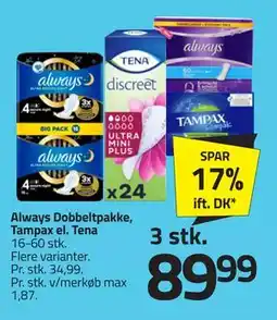 Fleggaard Always Dobbeltpakke, Tampax el. Tena tilbud