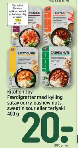 REMA 1000 Kitchen Joy Færdigretter med kylling satay curry, cashew nuts, sweet’n sour eller teriyaki 400 g tilbud