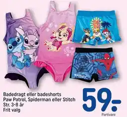 REMA 1000 Badedragt eller badeshorts Paw Patrol, Spiderman eller Stitch Str. 3-8 år Frit valg tilbud