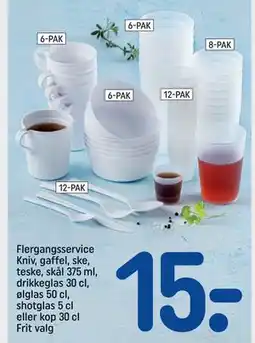 REMA 1000 Flergangsservice Kniv, gaffel, ske, teske, skål 375 ml, drikkeglas 30 cl, ølglas 50 cl, shotglas 5 cl eller kop 30 cl Frit va tilbud