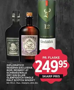 MENY Diplomático reserva exclusiva rom, monkey 47 schwarzwald dry gin eller glenfiddich single malt scotch whisky tilbud