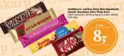 Dagli'Brugsen Guldbarre, Anthon Berg, Marcipanbrød, Nestlé, Marabou eller Toms bars tilbud