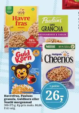 Dagli'Brugsen Havrefras, Pauluns granola, Guldkorn eller Nestlé morgenmad tilbud