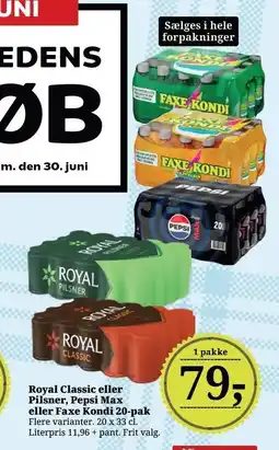 Dagli'Brugsen Royal Classic eller Pilsner, Pepsi Max eller Faxe Kondi 20-pak tilbud