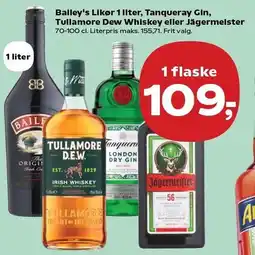Kvickly Bailey's Likør 1 liter, Tanqueray Gin, Tullamore Dew Whiskey eller Jägermeister tilbud