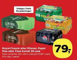 Kvickly Royal Classic eller Pilsner, Pepsi Max eller Faxe Kondi 20-pak tilbud