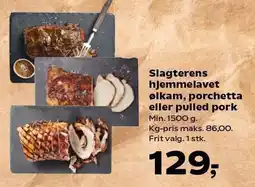 SuperBrugsen Slagterens hjemmelavet ølkam, porchetta eller pulled pork tilbud