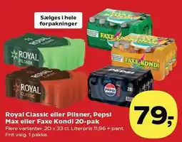 SuperBrugsen Royal Classic eller Pilsner, Pepsi Max eller Faxe Kondi 20-pak tilbud