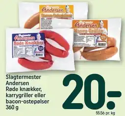 REMA 1000 Slagtermester Andersen Røde knækker, karrygriller eller bacon-ostepølser tilbud