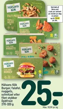 REMA 1000 Hälsans Kök burger, falafel, nuggets, schnitzel eller filet stykker tilbud