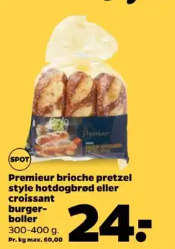 Netto Premieur brioche pretzel style hotdogbrød eller croissant burger- boller 300-400 g. Pr. kg max. tilbud