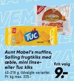 Bilka Aunt Mabel's muffins, Salling frugtkiks med æble, mini linse- eller Tuc kiks tilbud