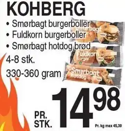 ABC Lavpris KOHBERG Smørbagt burgerboller, Fuldkorn burgerboller eller Smørbart hotdog brød tilbud
