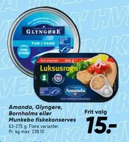 Bilka Amanda, Glyngøre, Bornholms eller Munkebo fiskekonserves tilbud