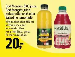 Føtex God Morgen ØKO juice, God Morgen juice, nektar eller shot eller Valsølille lemonade tilbud