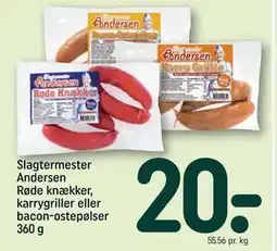 REMA 1000 Slagtermester Andersen Røde knækker, karrygriller eller bacon-ostepølser 360 g tilbud