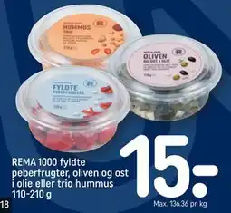 REMA 1000 REMA 1000 fyldte peberfrugter, oliven og ost i olie eller trio hummus 110-210 g tilbud