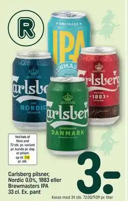REMA 1000 Carlsberg pilsner, Nordic 0.0%, 1883 eller Brewmasters IPA 33 cl. Ex. pant tilbud