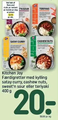 REMA 1000 Kitchen Joy Færdigretter med kylling satay curry, cashew nuts, sweet'n sour eller teriyaki tilbud
