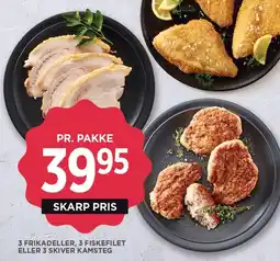 MENY 3 frikadeller, 3 fiskefilet eller 3 skiver kamsteg tilbud