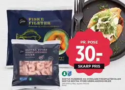 MENY Gestus panerede og ovnklare fiskefileter eller gestus ekstra store grønlandske rejer tilbud
