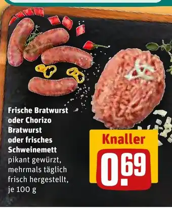REWE DE Frische Bratwurst oder Chorizo Bratwurst oder frisches Schweinemett tilbud