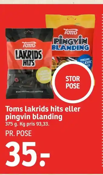 SPAR Toms lakrids hits eller pingvin blanding tilbud
