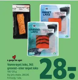 Coop 365 Varmrøget laks, 365 gravad- eller røget laks tilbud