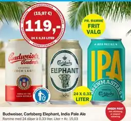 Købmandsgården Budweiser, Carlsberg Elephant, India Pale Ale tilbud