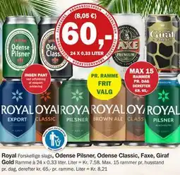 Købmandsgården Royal, Odense Pilsner, Odense Classic, Faxe, Giraf. Forskellige slags. Gold tilbud