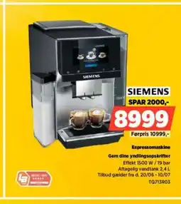 Power SIEMENS Espressomaskine Gem dine yndlingsopskrifter tilbud