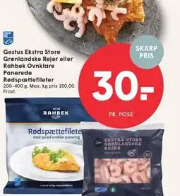 SPAR Gestus Ekstra Store Grønlandske Rejer eller Rahbek Ovnklare Panerede Rødspættefileter tilbud