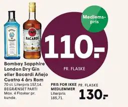SPAR Bombay Sapphire London Dry Gin eller Bacardi Añejo Cuatro 4 års Rom tilbud
