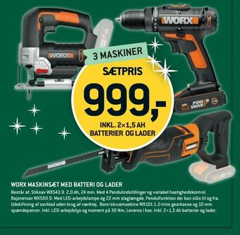 XL-BYG Worx maskinsæt med batteri og lader tilbud