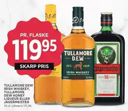 MENY TULLAMORE DEW IRISH WHISKEY, TULLAMORE DEW HONEY LIQUEUR ELLER JÄGERMESITER tilbud