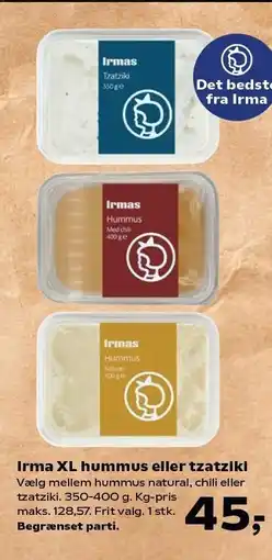 SuperBrugsen Irma XL hummus eller tzatziki tilbud