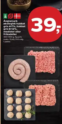 SuperBrugsen Änglamark økologisk hakket gris 4-7%, hakket gris 8-12%, medister eller frikadeller tilbud