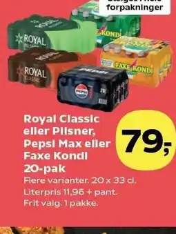 SuperBrugsen Royal Classic eller Pilsner, Pepsi Max eller Faxe Kondi 20-pak tilbud
