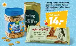 Bilka Salling runde knækbrød, Gullón crackers, Karen Volf småkager eller kager tilbud