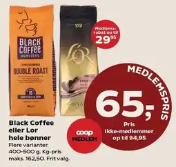 SuperBrugsen Black Coffee eller Lor hele bønner tilbud