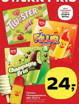 Kvickly Twister, Champagnebrus eller Filur is tilbud