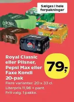 Kvickly Royal Classic eller Pilsner, Pepsi Max eller Faxe Kondi 20-pak tilbud