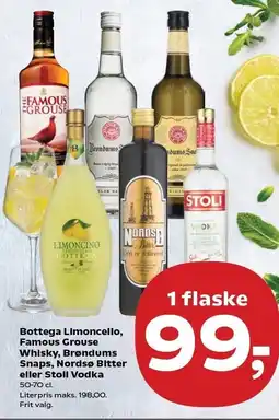 Kvickly Bottega Limoncello, Famous Grouse Whisky, Brøndums Snaps, Nordsø Bitter eller Stoli Vodka tilbud