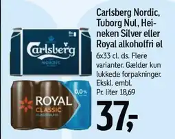 Føtex Carlsberg Nordic, Tuborg Nul, Heineken eller Royal 6 x 33 cl tilbud