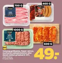 Netto Velsmag grillbakke, flæsk i skiver, marineret nakkekoteletter eller dansk hakket grisekød 8-12% tilbud