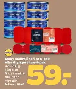 Netto Sæby makrel i tomat 6-pak eller Glyngøre tun 4-pak tilbud