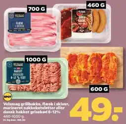 Netto Velsmag grillbakke, flæsk i skiver, marineret nakketkoteletter eller dansk hakket grisekød 8-12% tilbud